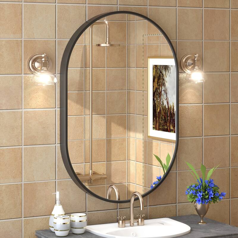 KIOTEE Oval Black Aluminum Alloy Framed French Cleat Mounted Wall Decor Bathroom Vanity Mirror with 5-Year Warranty - 24x36