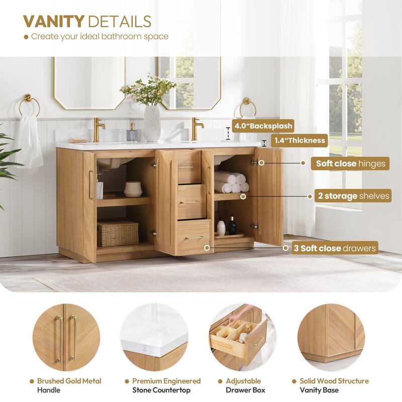 Karachi Bath Vanity with White Grain Stone Top, no Mirror