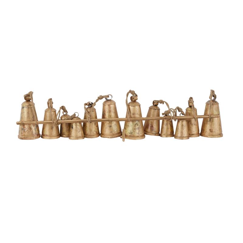 Gray or Bronze Metal Tibetan Inspired Decorative Cow Bell with Jute Hanging Rope and Rod