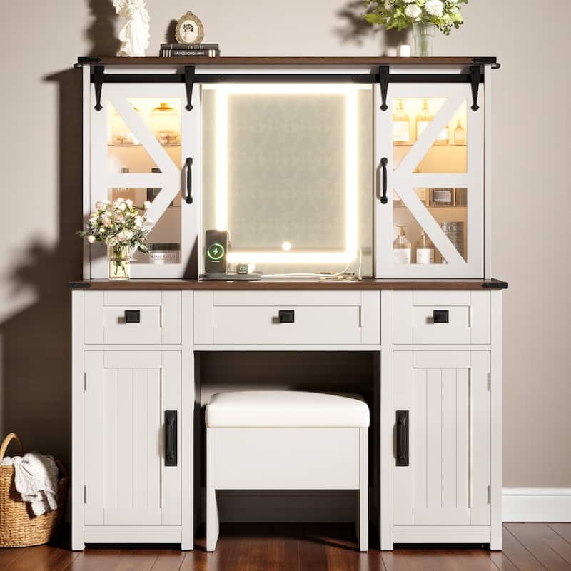 Rustic Vanity Table Set with LED Mirror, Barn Door Design, Cushioned Stool, Charging Ports, 3 Drawers & 4 Cabinets - Beige