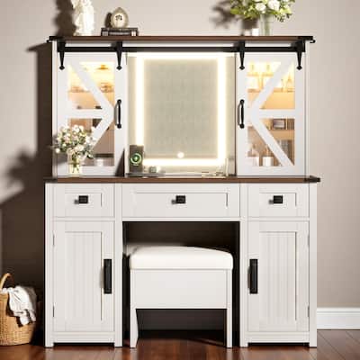 Rustic Vanity Table Set with LED Mirror, Barn Door Design, Cushioned Stool, Charging Ports, 3 Drawers & 4 Cabinets