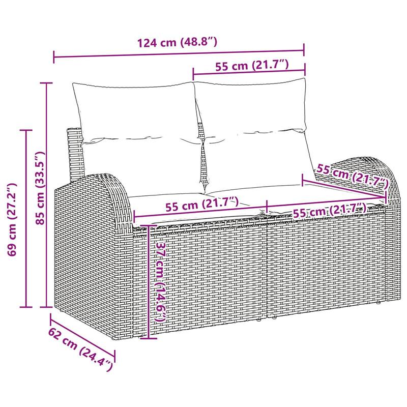 vidaXL 10/11 Garden Sofa Set with Cushions Black/Brown/Grey Poly Rattan - 135.4 x 70.5 x 27.2