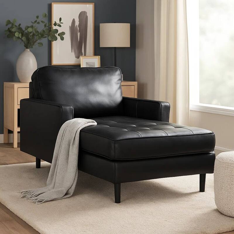 Bryc Chaise Lounge Chair, Classic Black Real and Faux Leather, 64 Inch