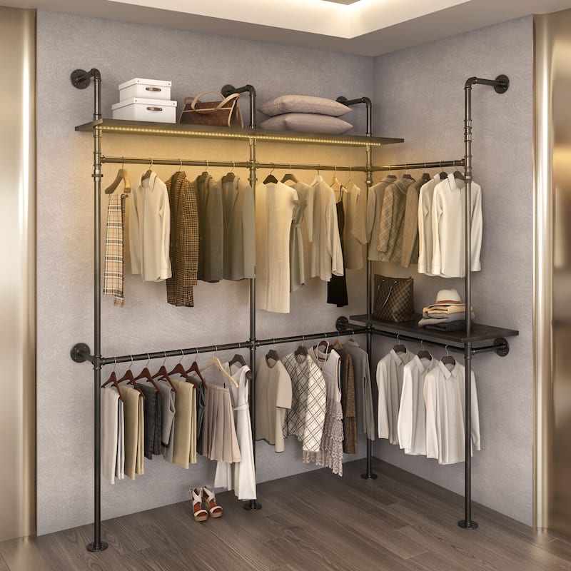 Heavy Duty Garment Rack Closet Wardrobe Rack with LED Lights & Shelves
