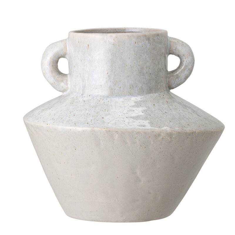 Stoneware Vase with Reactive Glaze Finish and Vertical Handles - Light Grey
