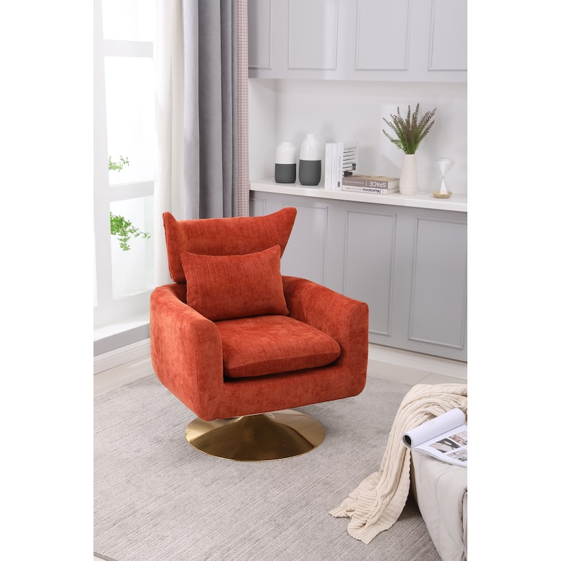 Orange Modern 29.9" Upholstered 360° Swivel Accent Chair with Iron Base and Pillow