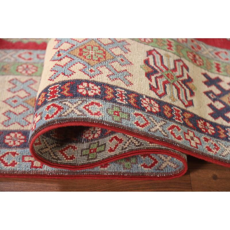 Hand Knotted Oriental 100% Wool Carpet Traditional Geometric Red Kazak Area Rug - 9' 8'' X 6' 3''