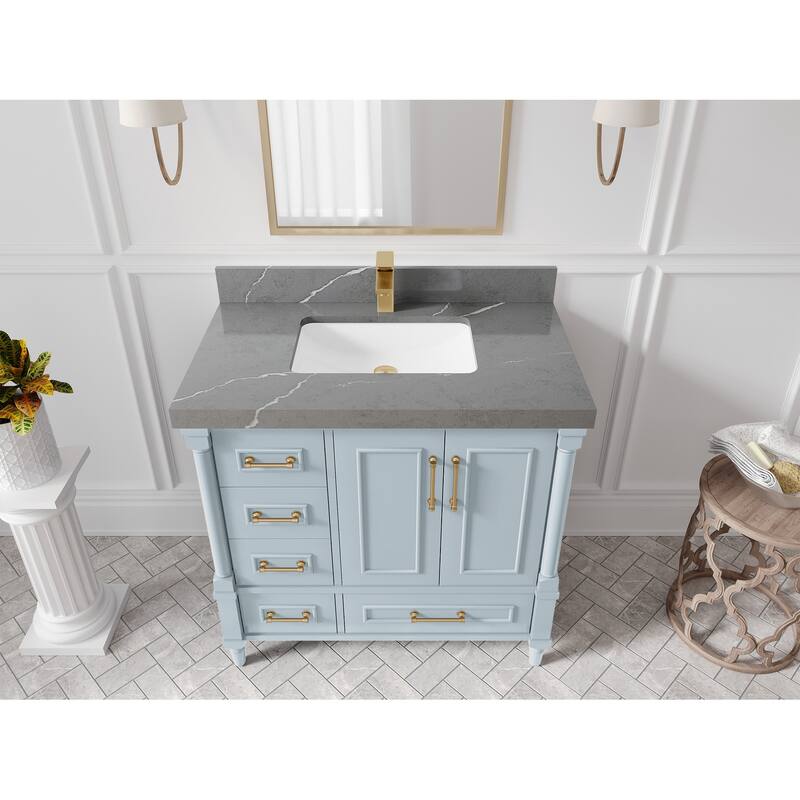 Willow Collections 36 in. W x 22 in. D Aberdeen Center Right Offset Sink Bathroom Vanity with Countertop - 2”Piatra Gray - Blue Heather
