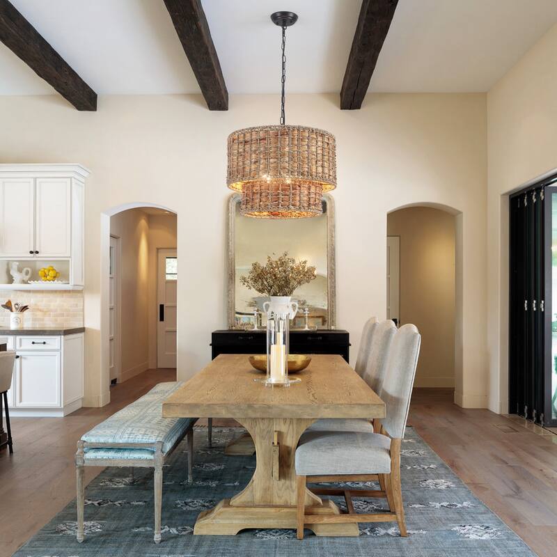 18.9 in. 5-Light Hemp Rope Weaving Drum Chandelier, Bohemian Style Chandelier, Handwoven Semi Flush Mount Chandelier