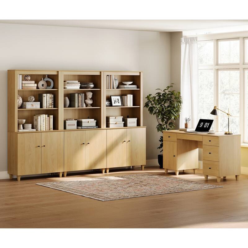 WAMPAT Home Office Furniture Set, 58" Executive Desk with Cabinet, 3-Column 71" Tall Bookcase with Doors and Adjustable Shelves - Oak Wood