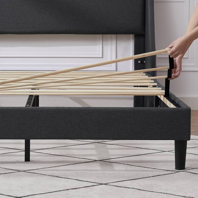 VECELO Bed Frame with Upholstered Wingback Headboard,Platform Bedframe with Charging Station & Side Pockets