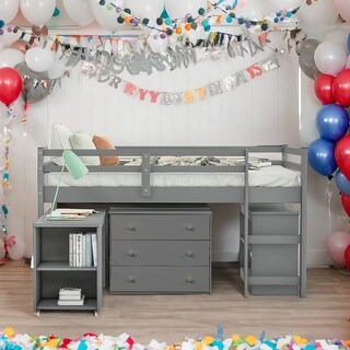 Modern Twin Size Loft Bed With Cabinet,Shelves And Rolling Portable Desk