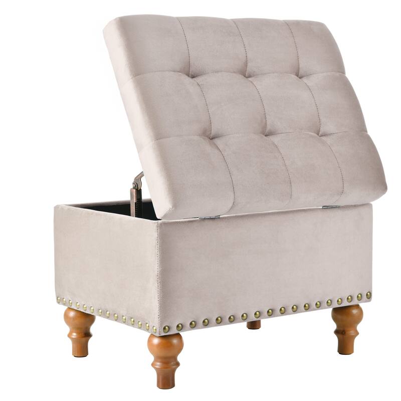 Square velvet upholstered Ottoman with storage space, hidden support hinge with easy to open top, rivet trim around