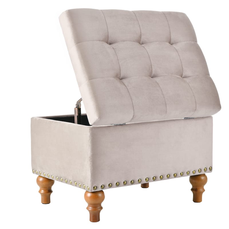 Velvet Storage Ottoman with Hidden Compartment, Square Upholstered Ottoman, End of Bed Bench with Rivet Trim & Solid Wood Legs