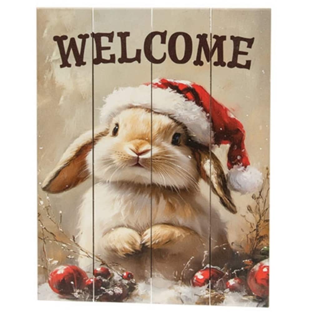 White Red Brown Wood Welcome Santa Bunny Pallet Wall Art Decor - 9 x 0.75 x 11.75 in.