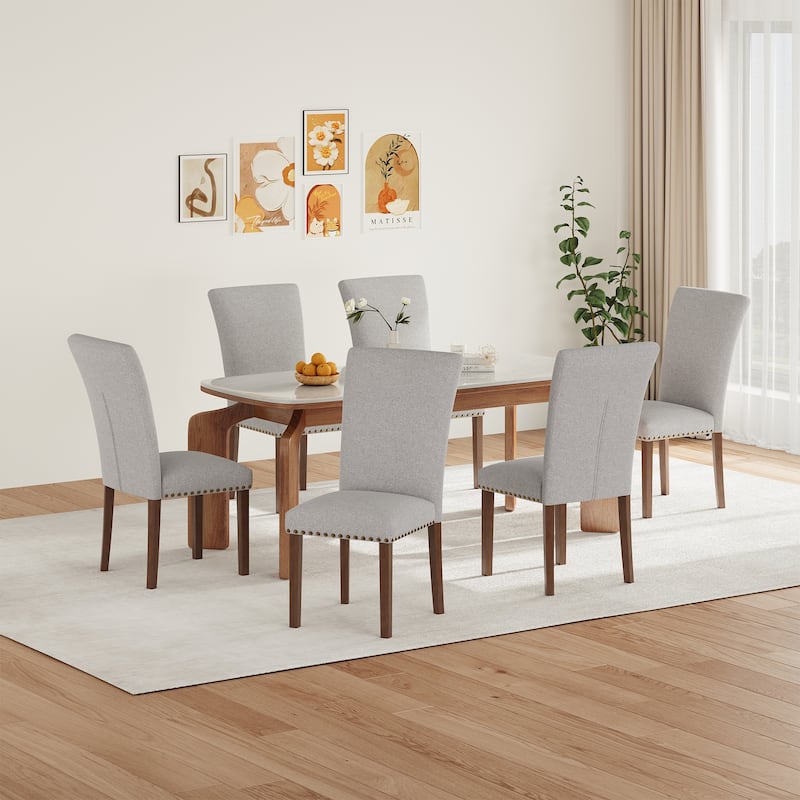 RENEWLINE Dining Chairs, Fabric with Nailhead Trim and Wood Legs - Set of 6 - F-LightGrey