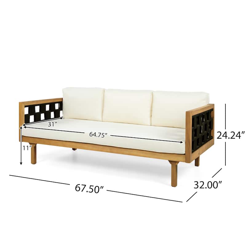 Christopher Knight Home - Modern Outdoor Patio Acacia Wood 3-Seater Daybed Sofa with Cushions, Rope Square Armrest & Teak Finish
