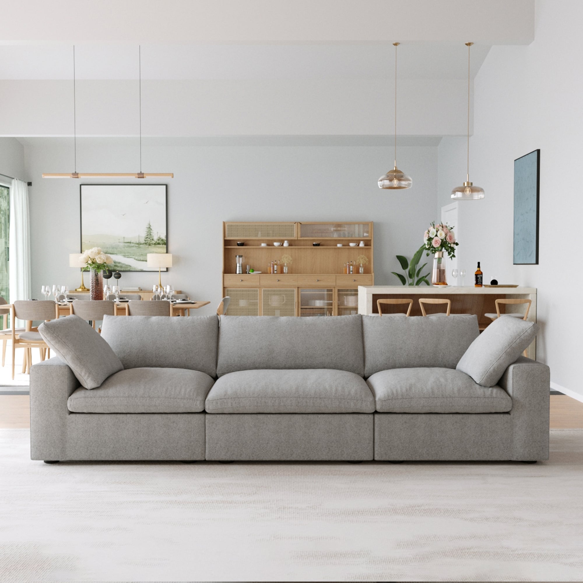 Modern Linen Sectional Sofa Commix Down Filled Overstuffed Upholstered Couches for Living Room grey 3 seats