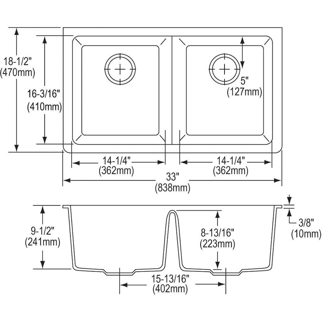 Elkay Quartz Classic 33" x 18-1/2" x 9-1/2", Equal Double Bowl Undermount Sink Kit, Graphite 