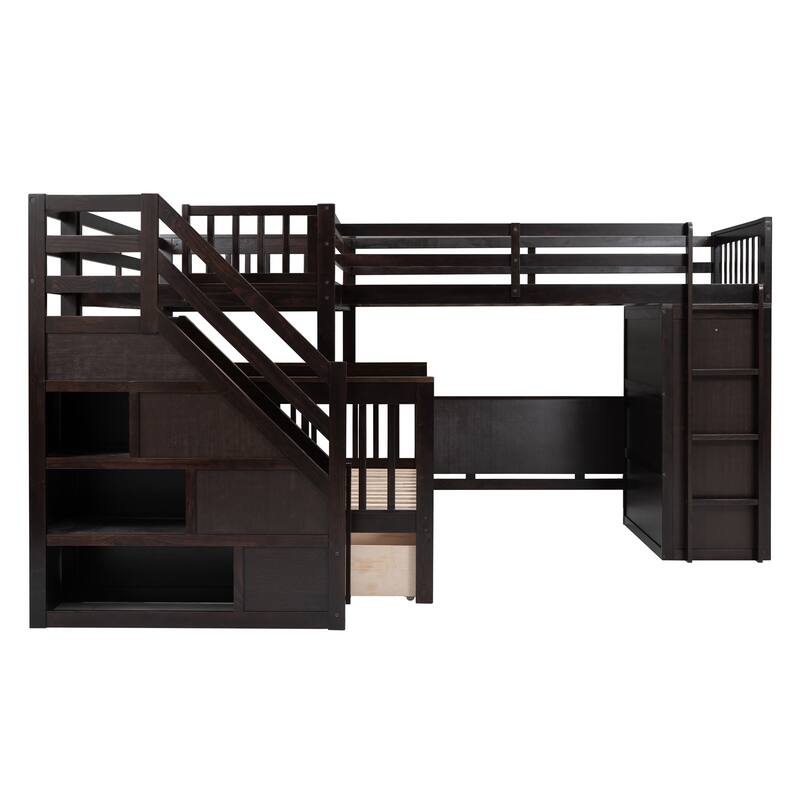 L-Shaped Bunk Bed with Storage Stairs, Fold Desk, Wardrobe, Twin - Twin Over Full Bed with Pull-out Underneath Storage Drawers
