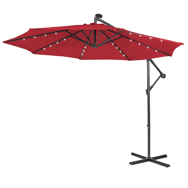10 FT Patio Umbrella Powered Offset Umbrella with 32 LED Lights - Red
