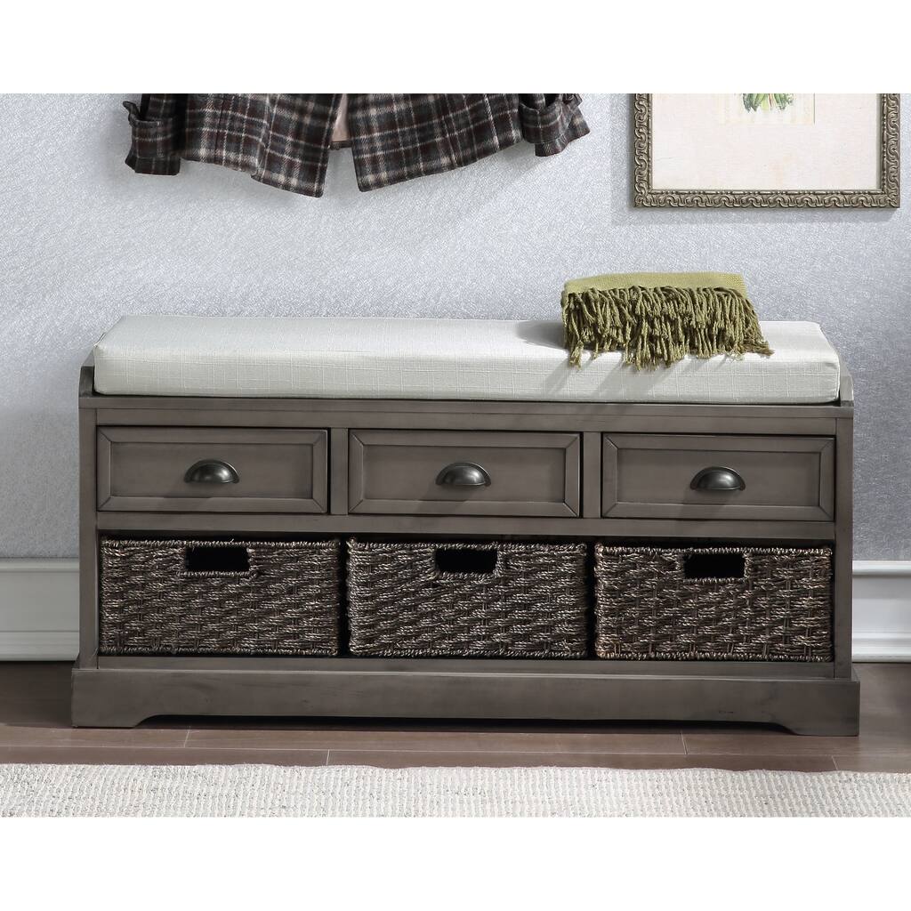 Cushioned Seat Storage Bench, Solid Pine Shoe Bench with 3 Drawers and 3 Baskets