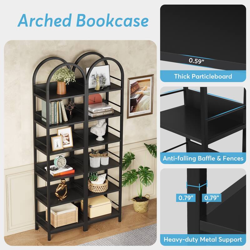 6-Tier Open Bookshelf, Tall Arched Bookcase Narrow Bookshelf