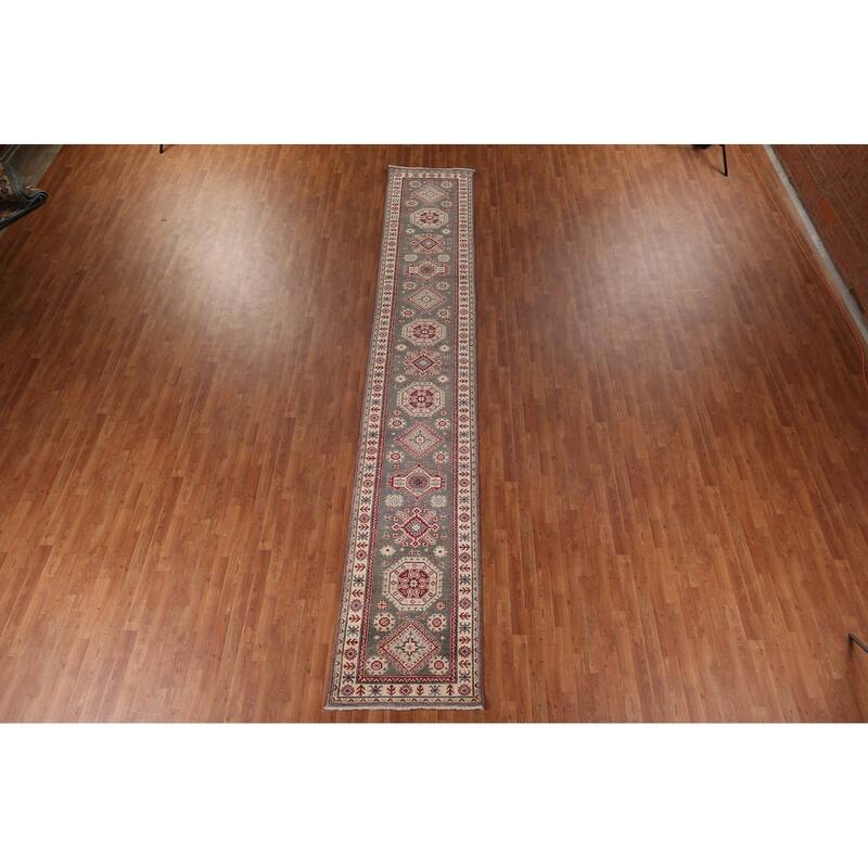 Gray Kazak Runner Rug Hand-Knotted Wool Carpet - 2'8" x 16'3"