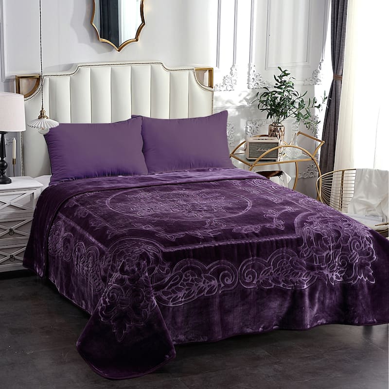 Embossed Floral Bed Blanket 85"x95" - 9lbs - Purple