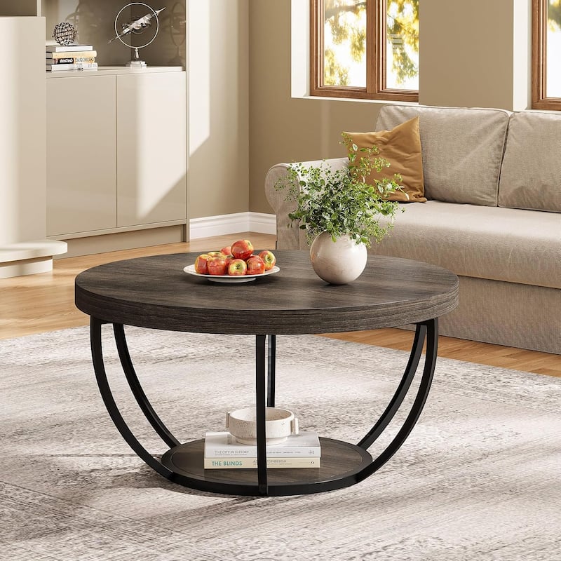 Round Coffee Table, 31.7" Wooden 2-Tier Circle Coffee Table with Storage Shelves, Accent Cocktail Table Center Table