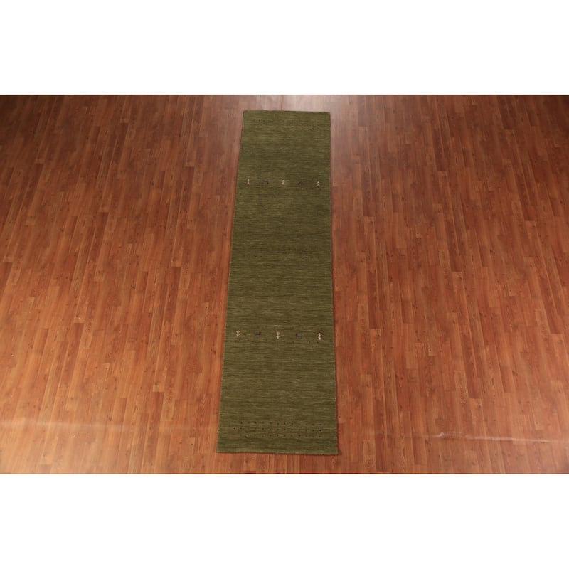 Green Gabbeh Oriental Runner Rug Hand-Knotted Wool Carpet - 2'8" x 10'1"