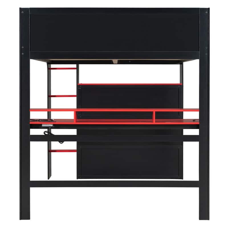 Full Size Wood Bunk Bed with height-adjustable Desk,Wardrobe and RGB Light