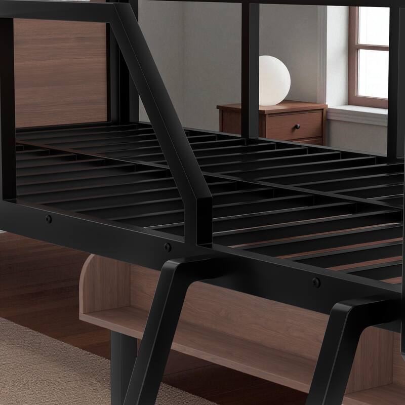 Twin over Full / Twin XL over Queen Metal Bunk Bed with Storage Shelves & LED Lights, Sturdy Noise-Free Space-Saving Design