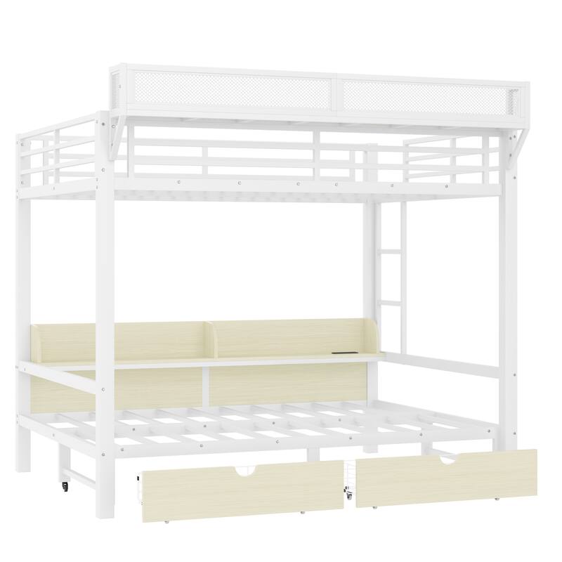 Queen over Queen Bunk Bed with Storage Shelves & Drawers, USB Ports & LED Lights, Convertible Sofa Lower Bed