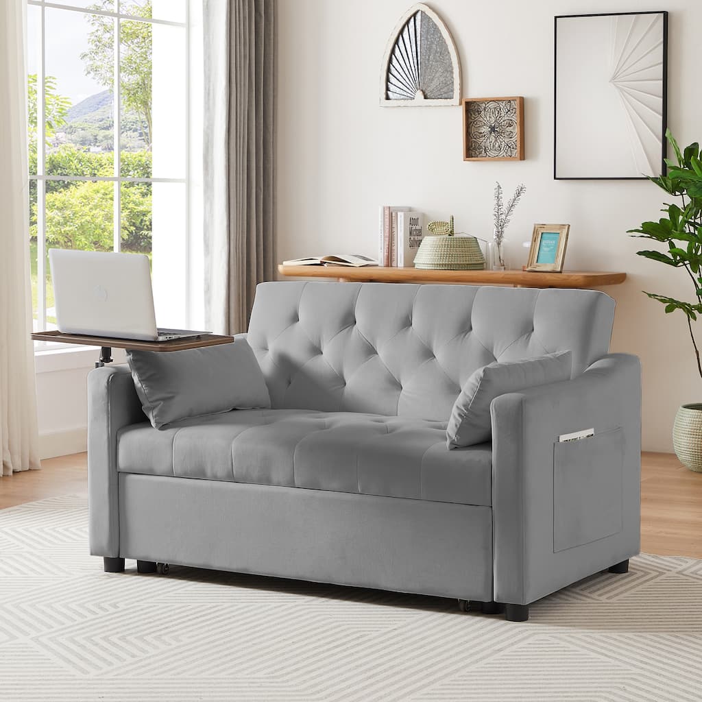 Velvet Pull Out Loveseat Sofa Convertible Sleeper Love Seat Bed w2 Pillow & 2 Pillows, Futon Sofa with 360掳 Swivel Shelves