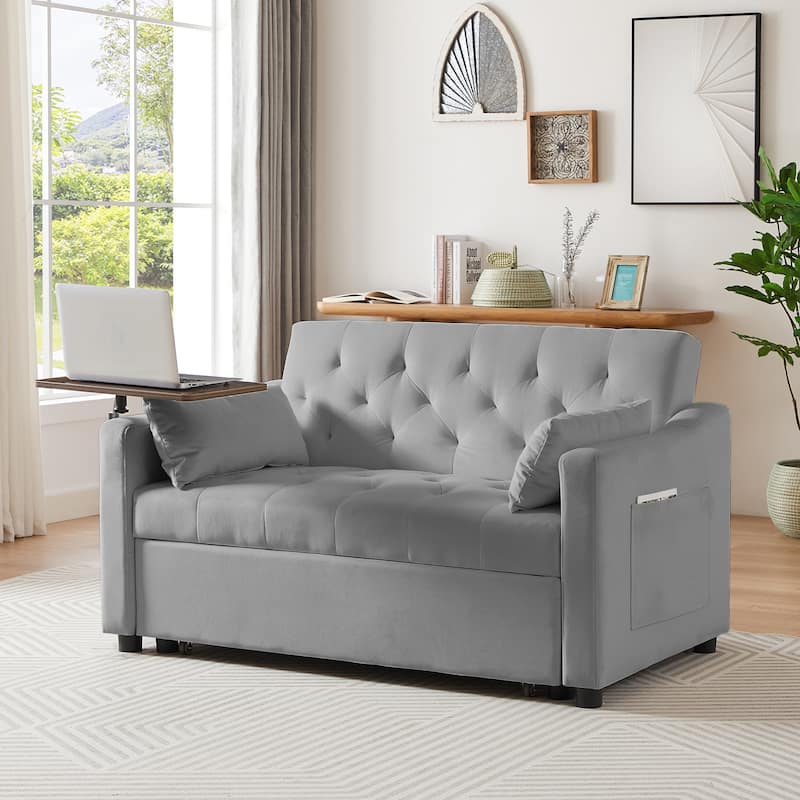 Velvet Pull Out Loveseat Sofa Convertible Sleeper Love Seat Bed w2 Pillow & 2 Pillows, Shelves Futon Sofa for Apartment - Grey