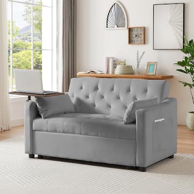 Velvet Pull Out Loveseat Sofa Convertible Sleeper Love Seat Bed w2 Pillow & 2 Pillows, Shelves Futon Sofa for Apartment