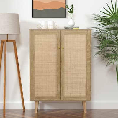 Modern 2 Door Wood Rattan Buffet Sideboard Kitchen Accent Storage Cabinet for Living Room with Adjustable Shelf
