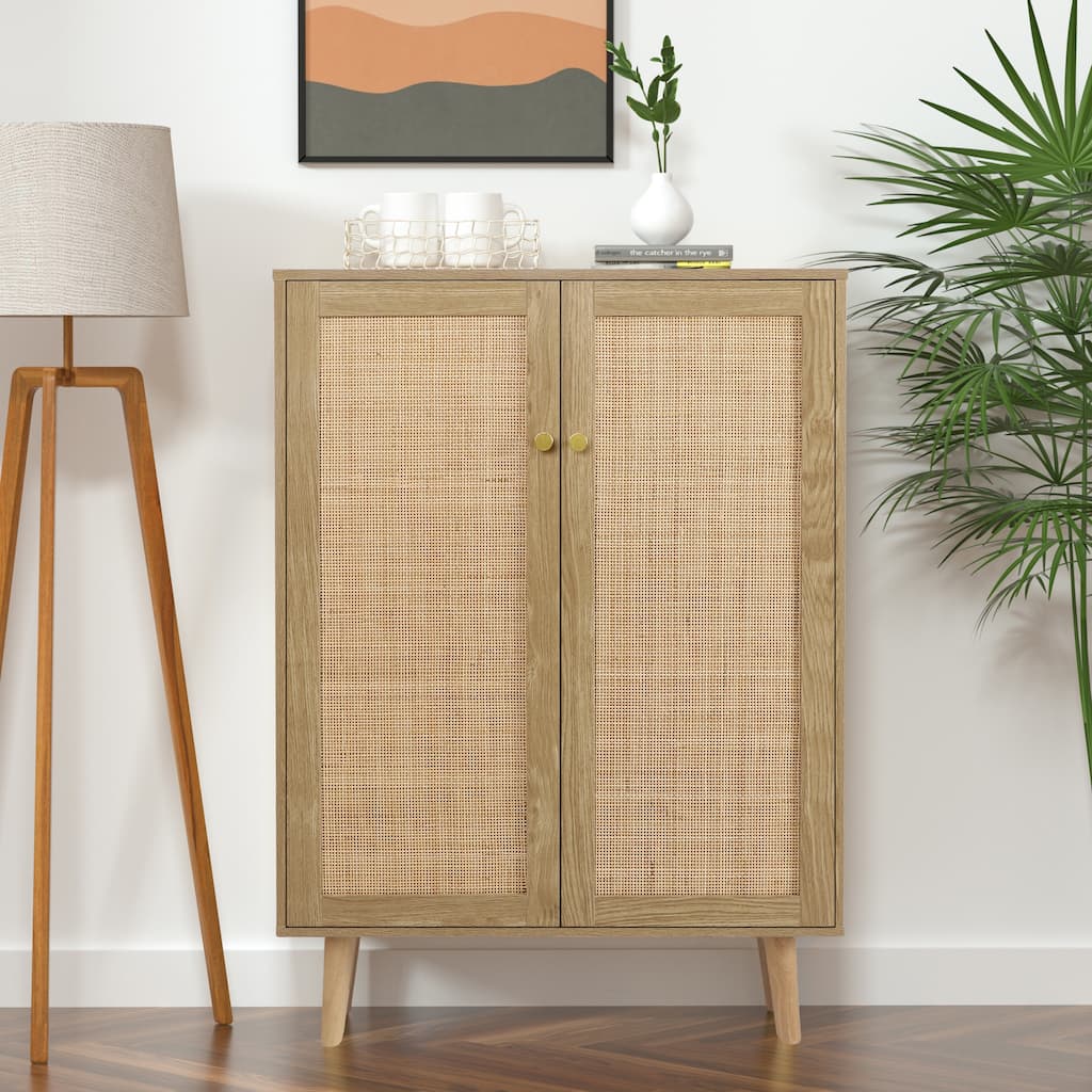 Anmytek Modern 2-Door Rattan Buffet Sideboard Kitchen Storage Cabinet for Living Room