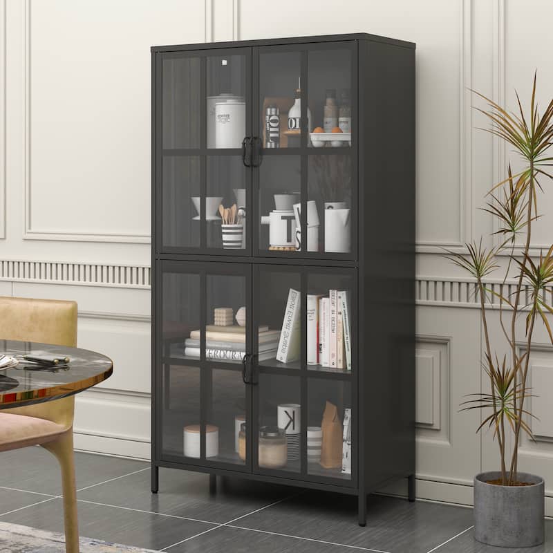 Metal Storage Cabinet with Tempered Glass Doors,Adjustable Shelves,Anti-Tipping Device,Magnetic Silent Closure,Adjustable Feet