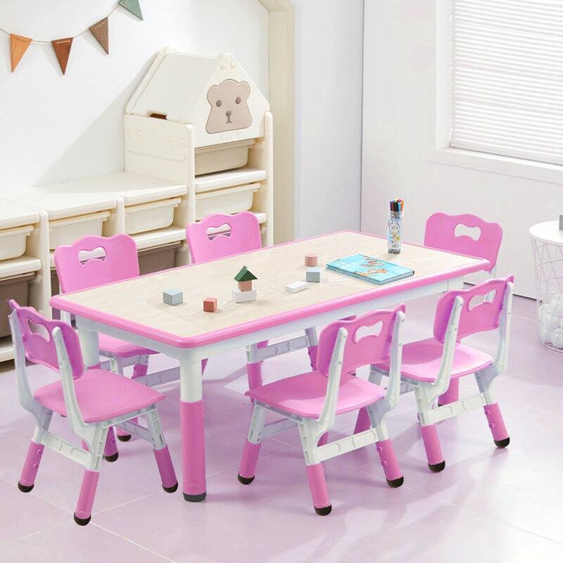 Kids Table and Chairs Set, Height Adjustable Desk with 6 Seats for Ages 2-10 - Pink