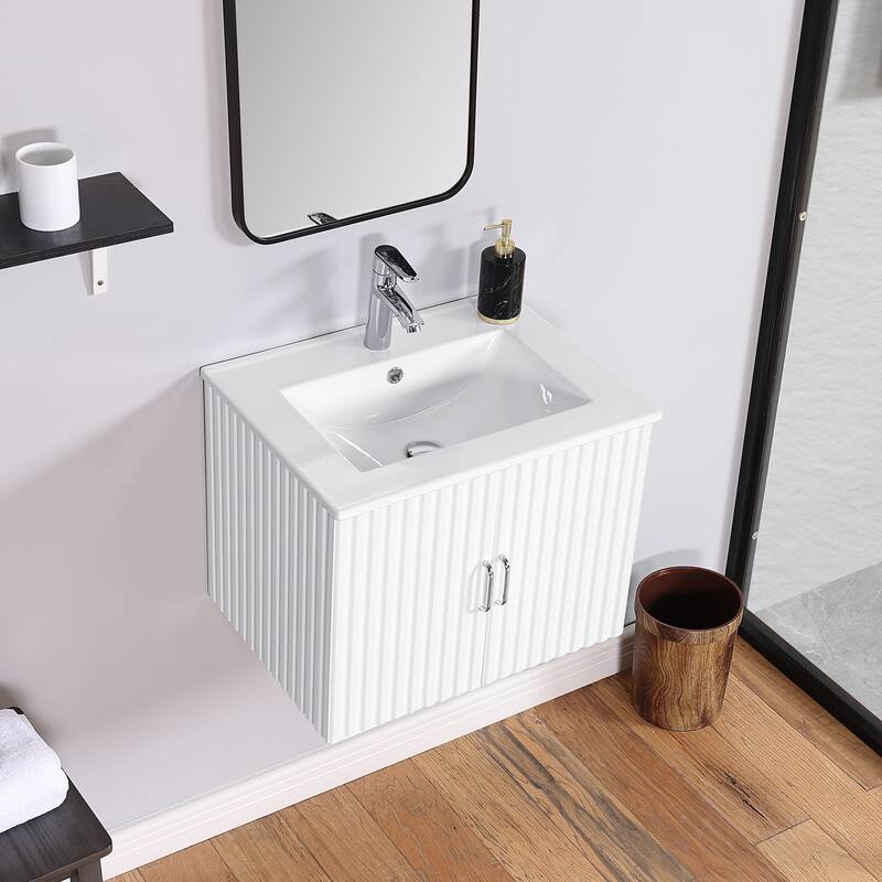 24" Wall-Mounted Floating Bathroom Vanity with Porcelain Sink, Soft-Close Doors, and Waterproof MDF Board