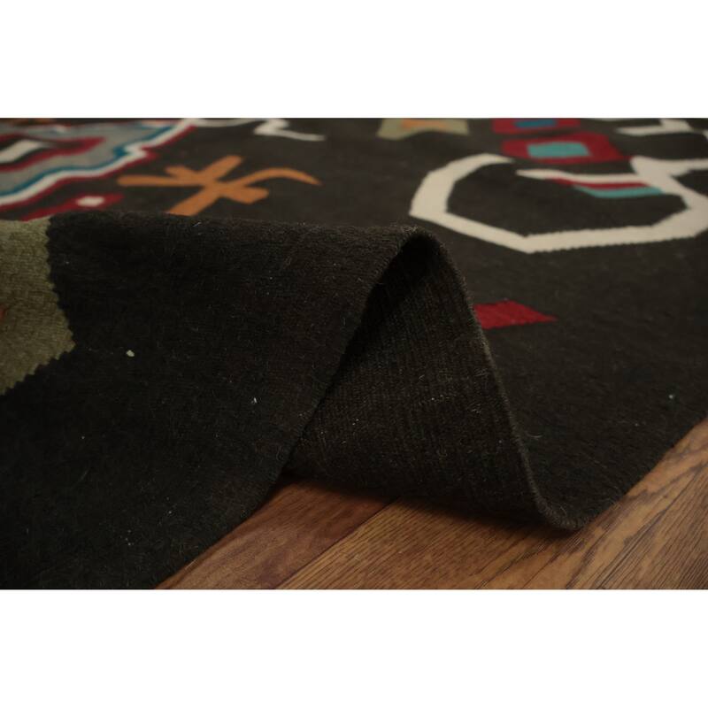 Hand Woven Oriental 100% Wool Carpet Southwestern Modern Black Kilim Area Rug - 9' 11'' X 6' 9''