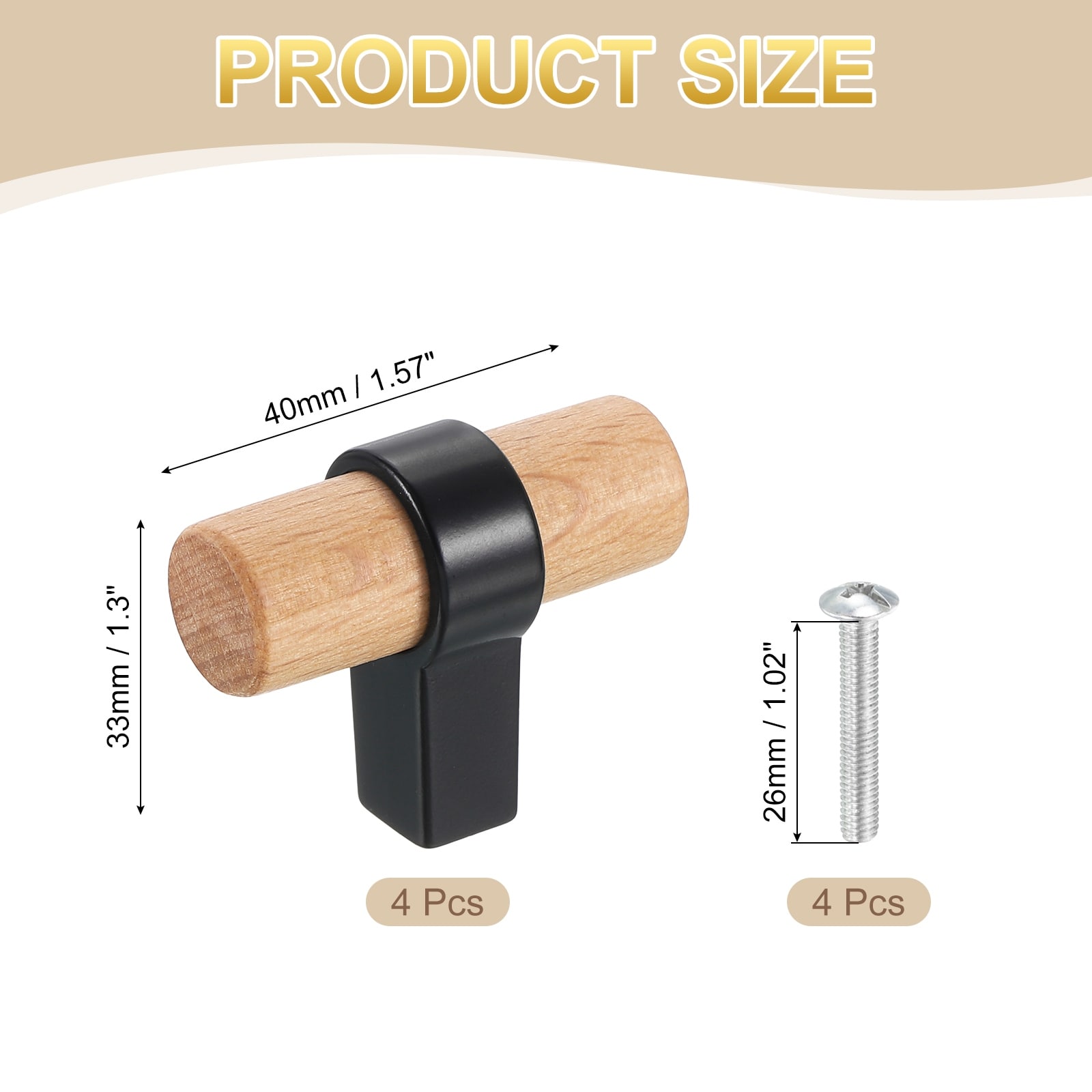 T-Bar Wooden Drawer Pulls, Wood Cabinet Pulls Single Hole Drawer Knobs with Base and Screws for Home Kitchen