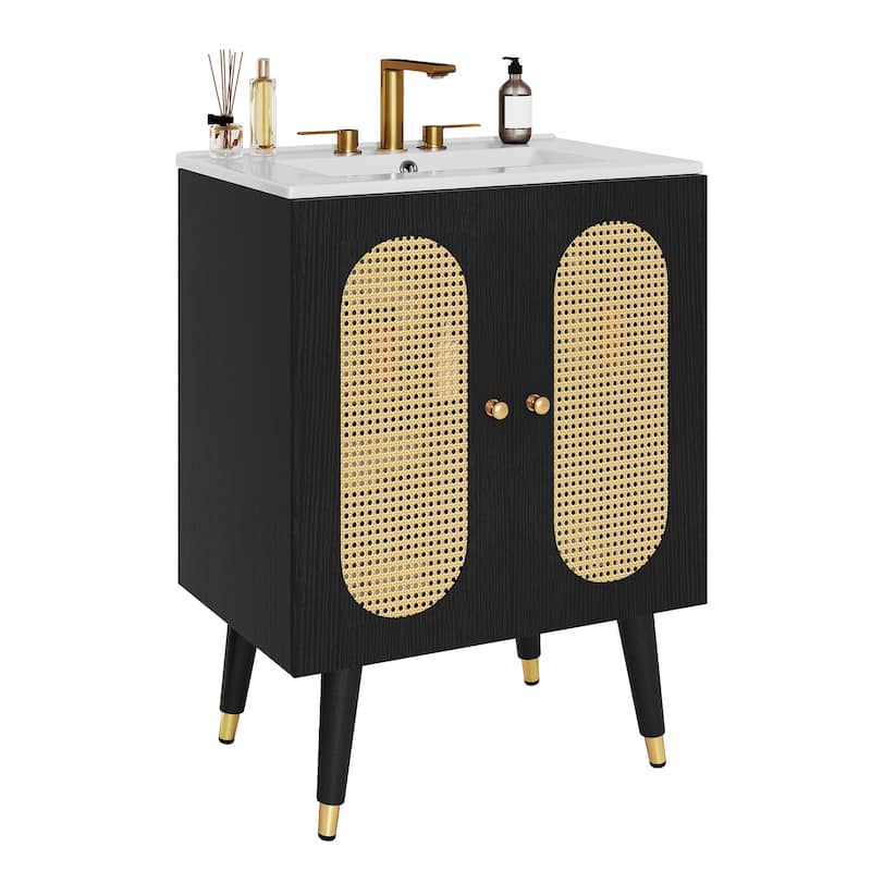 24" Rattan Boho Bathroom Vanity with Sink - Black
