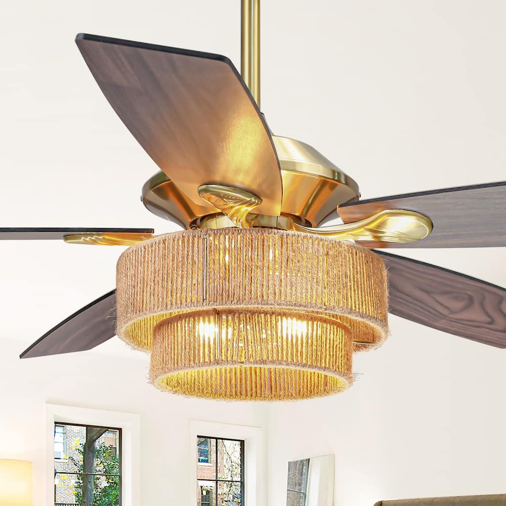 52" Farmhouse Natural Rope Reversible 5-Blade Gold Ceiling Fan with Remote