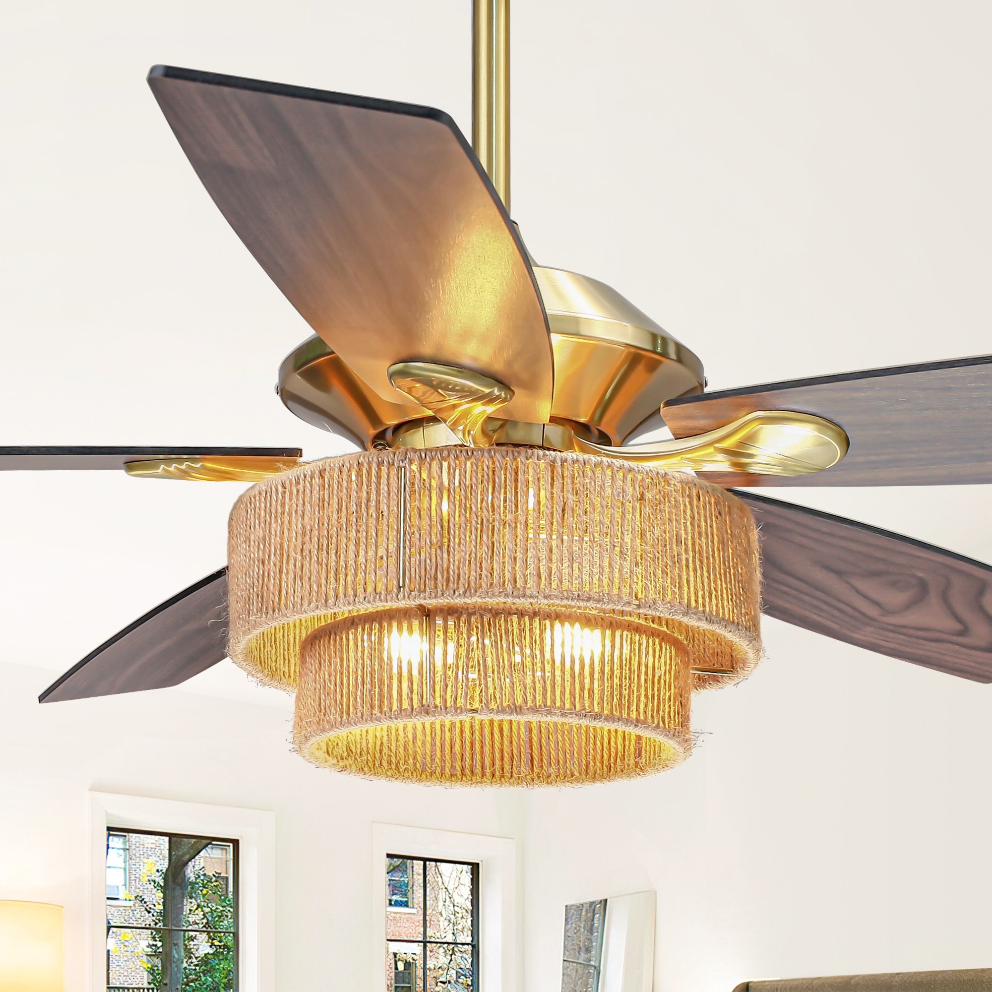 52" Gold Jute Modern Farmhouse Reversible 5-Blade DC Motor Indoor Ceiling Fan with Light and Remote