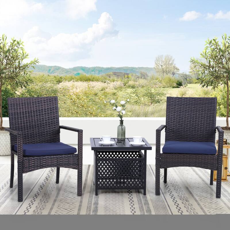 3-piece Patio Bistro Set, Rattan Chairs and Metal Side Table with Umbrella Hole - Dark Brown