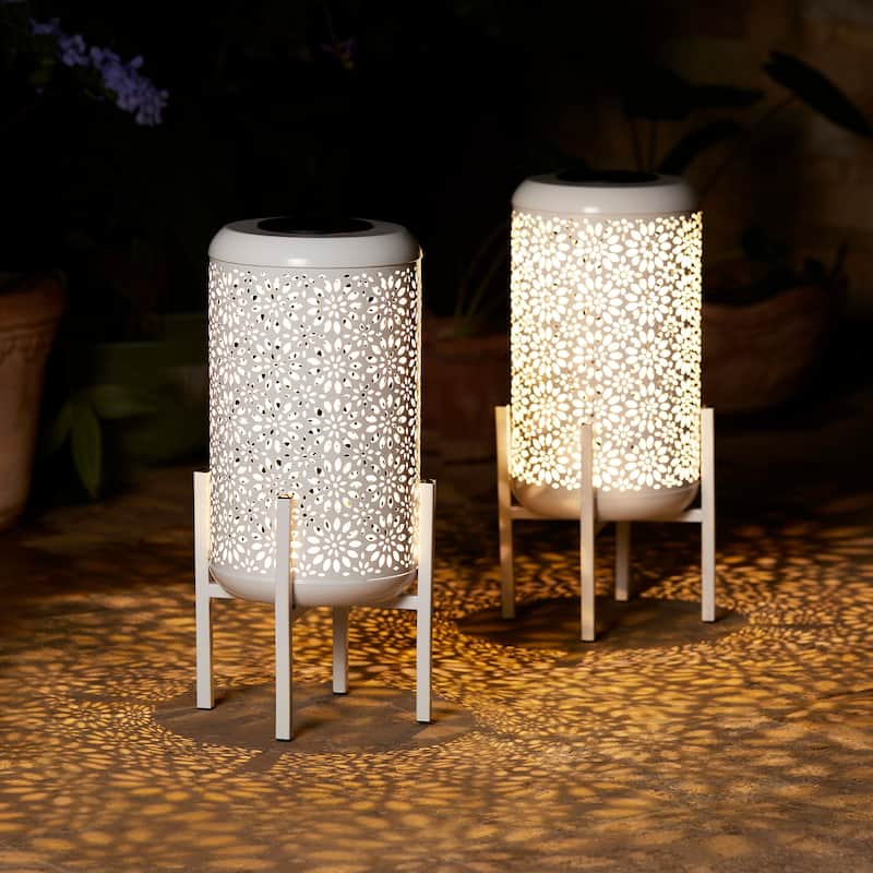 Glitzhome 14.25"H Set of 2 Metal Flower Cutout Solar Lanterns Floor Lantern - Flower-White