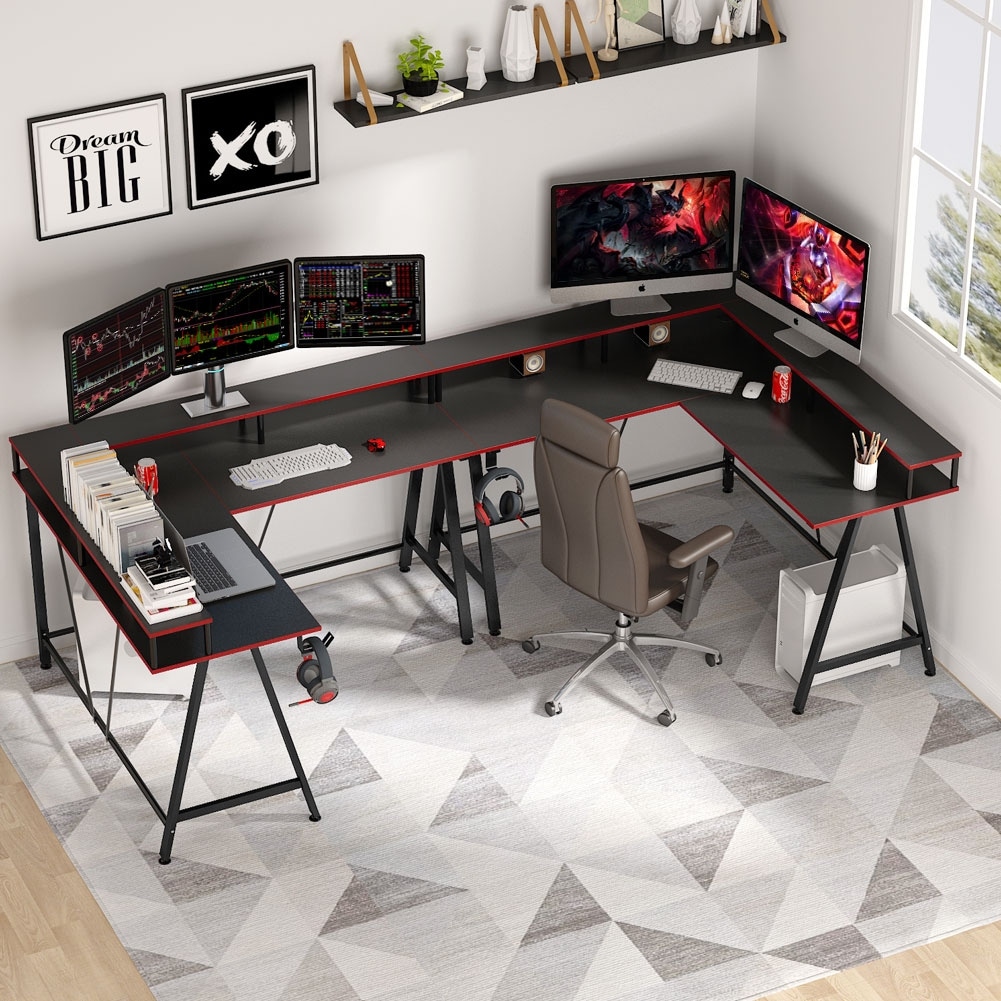 L Shaped Gaming Desk Corner Desk w/Monitor Stand Riser,Study Writing Workstation 